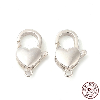 925 Sterling Silver Lobster Claw Clasps, Heart with 925 Stamp, Silver, 15.5x9.5x4mm, Hole: 1.4mm