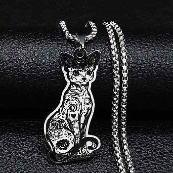 304 Stainless Steel Enamel Sphynx Cat Pendant Necklaces, Box Chains Necklaces for Women Men, Stainless Steel Color, 19.53 inch(49.6cm)