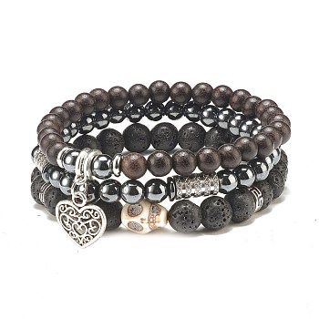 3Pcs 3 Style Natural Lava Rock & Ebony Wood Beaded Stretch Bracelets Set with Skull, Essential Oil Gemstone Jewelry with Heart Charm for Women, Black, Inner Diameter: 2-1/4 inch(5.8cm), 1Pc/style
