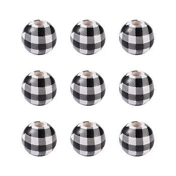 Natural Wooden Beads, Plaid Beads, Tartan Pattern, Round, Black, 5/8 inch(16mm), Hole: 4mm