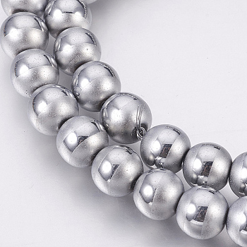Electroplate Non-Magnetic Synthetic Hematite Beads Strands, Polished, Frosted, Round, Platinum Plated, 8mm, Hole: 1mm, about 53pcs/strand, 15.9 inch(40.5cm)