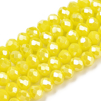 Electroplate Glass Beads Strands, Opaque Solid Color, AB Color Plated, Faceted, Rondelle, Yellow, 2.9~3.3x2mm, Hole: 0.8mm, about 145~150pcs/strand, 34~35cm