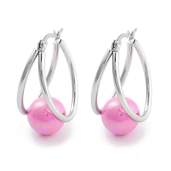 304 Stainless Steel & Plastic Imitation Pearl Oval with Ball Hoop Earrings for Women, with 316 Stainless Steel Pins, Hot Pink, 32x15.5x19.5mm