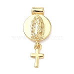 Religion Brass Pendants, Flat Round with Cross Charms, Long-Lasting Plated, Cadmium Free & Lead Free, Real 18K Gold Plated, Virgin, 25.5~26x11.5~12x3~3.5mm, Hole: 1.2mm(KK-H539-18G-01)