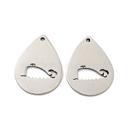 316L Surgical Stainless Steel Pendants, Laser Cut, Teardrop with Whale Charm, Stainless Steel Color, 20x15x1mm, Hole: 1.2mm(STAS-K280-07P)