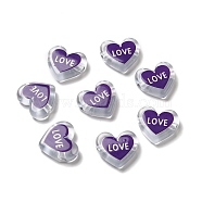 Printed Transparent Acrylic Beads, Heart with LOVE, Indigo, 17.5x20x5mm, Hole: 3mm(OACR-P017-B01)