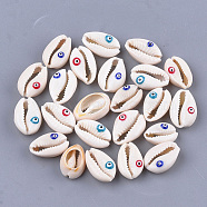 Cowrie Shell Beads, Undrilled/No Hole Beads, with Enamel, Cowrie Shell Shape with Evil Eye, Mixed Color, 18~21x12~15x7~8mm(SSHEL-S258-63)