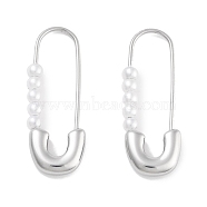 304 Stainless Steel & Plastic Imitation Pearl Safety Pin Hoop Earrings for Women, with 316 Stainless Steel Pins, Stainless Steel Color, 29x3x10.8mm(EJEW-C096-05P)