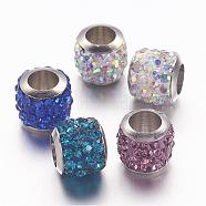Brass Pave Polymer Clay Grade A Rhinestone Column European Beads, Mixed Color, 8.5x7.5mm, Hole: 5mm(CPDL-L001-02)