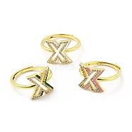 Mixed Color Enamel Initial Letter Adjustable Ring with Clear Cubic Zirconia, Real 18K Gold Plated Brass Jewelry for Women, Cadmium Free & Lead Free, Letter.X, US Size 5 1/4(16mm), Letter.X: 12x12.5mm(RJEW-P045-01G-X)