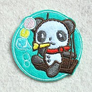 Computerized Embroidery Cloth Iron on/Sew on Patches, Costume Accessories, Appliques, Flat Round with Panda, Turquoise, 55mm(DIY-I013-16)
