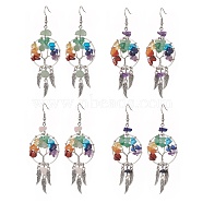 Natural & Synthetic Mixed Gemstone Chips Tree of Life with Alloy Feather Chandelier Earrings, 304 Stainless Steel Jewelry for Women, 82mm, Pin: 0.6mm(EJEW-JE05213)