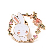 Rabbit Theme Enamel Brooch, Light Gold Alloy Badge for 2023 Year Chinese Style Gift, Flower Pattern, 29.2x32.7x1.7mm(JEWB-C019-01D-KCG)