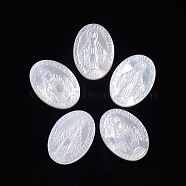 Natural White Shell Cabochons, Religion, Oval with Miraculous Medal, 16x11~11.5x2~2.5mm(SSHEL-D083-16A)