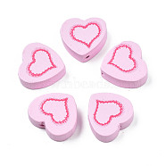 Spray Painted Maple Wood Beads, Printed, Heart, Pink, 16.5x17.5x6mm, Hole: 1.8mm, about 550pcs/500g(WOOD-Q030-87B)