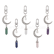 Hollow Moon Alloy Pendant Decoraiton, with Natural Mixed Stone Faceted Bullet Pendant, Antique Silver, 115~117mm, Pendant: 81.5~83x32.5x11.5mm(HJEW-JM01428)