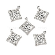 Alloy Rhinestone Pendants, Platinum Tone Rhombus with Hollow Out Rose Charms, Crystal, 22.5x19.5x2.2mm, Hole: 1.8mm(ALRI-C007-59P)