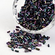 Tube Iris Round Hole Glass Bugle Beads, Multi-color Plated, 3~5x1.8~2mm, Hole: 0.8mm, about 1200pcs/50g(X-SEED-I001-603)