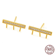 Rectangle 925 Sterling Silver Micro Pave Clear Cubic Zirconia Stud Earring Findings, for Half Drilled Beads, with S925 Stamp, Real 18K Gold Plated, 4.5x14mm, Pin: 11x0.7mm and 0.7mm(STER-Q192-12G)