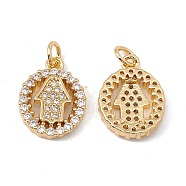 Brass Micro Pave Clear Cubic Zirconia Pendants, with Jump Ring, Cadmium Free & Nickel Free & Lead Free, Rack Plating, Oval with Hamsa Hand Pattern, Real 18K Gold Plated, 15.5x12x3mm, Hole: 3mm(KK-G439-38G)