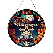 Halloween Skull Stained Acrylic Window Planel, for Suncatchers Window Home Hanging Ornaments, Flat Round, Colorful, 160x160x4mm(STGL-PW0001-27E)