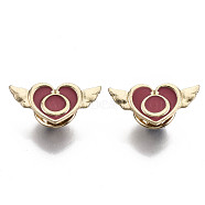 Alloy Brooches, Enamel Pin, with Brass Butterfly Clutches, Heart with Wing, Light Gold, Brown, 11x24x2mm, Pin: 1mm(JEWB-S011-036)