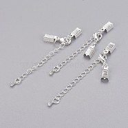 Chain Extender, with Silver Color Plated Brass Clasp & Clip Ends, Lobster Claw Clasp and Cord Crimp, Nickel Free, Size: Clasp: 12x7.5x3mm, Cord Crimp: 5x13mm, Chain: 50mm long, 3.5mm wide, Hole: 1.5mm(X-KK95-S)