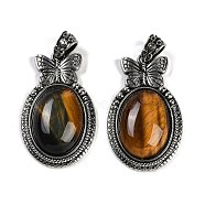 Natural Tiger Eye Pendants, Butterfly Oval Charms, with Antique Silver Tone Alloy Findings, Cadmium Free & Lead Free, 42.5x26x8.5mm, Hole: 4x6mm(G-I370-09AS-09)