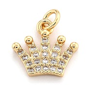 Brass Micro Pave Clear Cubic Zirconia Pendants, Long-Lasting Rack Plated, Crown, Real 18K Gold Plated, 10x11x2mm, Hole: 2mm(ZIRC-O043-03G)