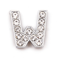 Alloy Slide Charms, with Crystal Rhinestone, for DIY Craft Jewelry Making, Letter, Platinum, Letter.W, 14x14.3x5mm, Hole: 2x11mm(ALRI-WH0005-09W-P)