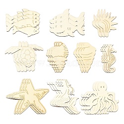 Unfinished Wooden Ocean Creature Cutouts, BurlyWood, 6.2~11x4.5~10.7x0.2cm, 3pcs/style, 10 style, 30pcs/set(WOOD-CJC0010-02)