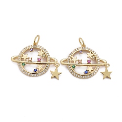 Brass Micro Pave Colorful Cubic Zirconia Pendants, with Jump Rings, Long-Lasting Plated, Star with Star, Real 18K Gold Plated, 18x24x3mm(ZIRC-Z011-04G)