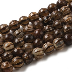 Tibetan Style dZi Beads Strands, Etched Line Natural Agate Beads, Dyed & Heated, Round with Striped Pattern, Camel, 8mm, Hole: 1mm, about 47pcs/strand, 14.76~14.96 inch(37.5~38cm)(TDZI-NH0001-A02-02)