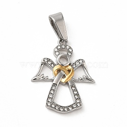 Ion Plating(IP) 304 Stainless Steel Pendants, with Rhinestone, Angel Charm, Golden & Stainless Steel Color, 22.5x18x2mm, Hole: 7.5x3.5mm(STAS-M321-08GP)