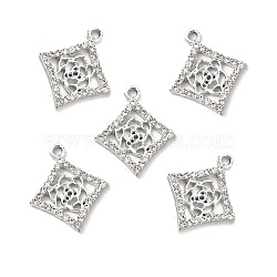 Alloy Rhinestone Pendants, Platinum Tone Rhombus with Hollow Out Rose Charms, Crystal, 22.5x19.5x2.2mm, Hole: 1.8mm(ALRI-C007-59P)