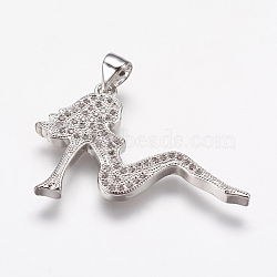 Brass Micro Pave Cubic Zirconia Pendants, Woman, Platinum, 22x30x3mm, Hole: 3.5x5mm(ZIRC-F073-29P)