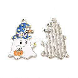 Rack Plating Alloy Enamel Pendants, Cadmium Free & Nickel Free & Lead Free, Halloween Theme, Ghost with Hat & Pumpkin Pattern Charm, Platinum, Royal Blue, 25.5x17x1mm, Hole: 1.4mm(FIND-G054-14P-01)