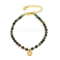 Natural Gemstone Beads Stretch Bracelets, Flat Round with Word Love Charm Bracelets for Women, with Brass Beads, Green, 6-1/4 inch(16cm)(PN0499-2)