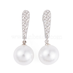 Rack Plating Brass Clear Cubic Zirconia ABS Pearl Earrings, Cadmium Free & Lead Free, Long-Lasting Plated, Round, Hoop Earrings, Platinum, 32x5mm(EJEW-S219-15P-09)