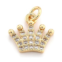 Brass Micro Pave Clear Cubic Zirconia Pendants, Long-Lasting Rack Plated, Crown, Real 18K Gold Plated, 10x11x2mm, Hole: 2mm(ZIRC-O043-03G)