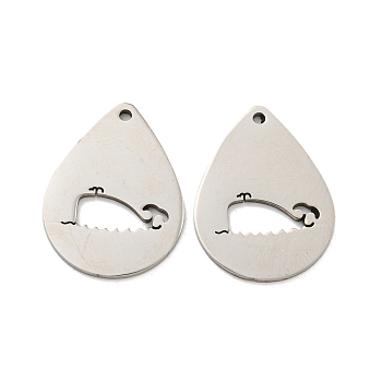 316L Surgical Stainless Steel Pendants, Laser Cut, Teardrop with Whale Charm, Stainless Steel Color, 20x15x1mm, Hole: 1.2mm