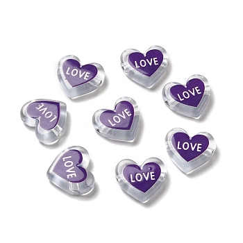 Printed Transparent Acrylic Beads, Heart with LOVE, Indigo, 17.5x20x5mm, Hole: 3mm