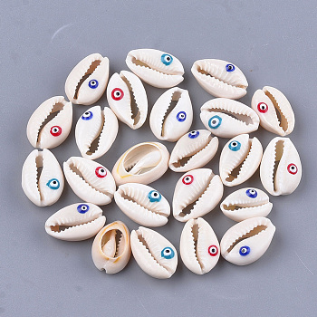 Cowrie Shell Beads, Undrilled/No Hole Beads, with Enamel, Cowrie Shell Shape with Evil Eye, Mixed Color, 18~21x12~15x7~8mm