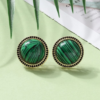 Half Round Brass Micro Pave Cubic Zirconia Stud Earrings, with Synthetic Malachite, Long-Lasting Plated, Rack Plating, 21mm