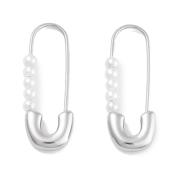 304 Stainless Steel & Plastic Imitation Pearl Safety Pin Hoop Earrings for Women, with 316 Stainless Steel Pins, Stainless Steel Color, 29x3x10.8mm