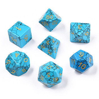 Metal Enlaced Synthetic Turquoise Polyhedral Dice Set, RPG Game Crystal Stone Dice, 16.5~27x16.5~27x16.5~27mm, 7pcs/set