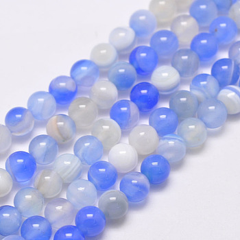 Natural Striped Agate/Banded Agate Bead Strands, Dyed & Heated, Round, Grade A, Cornflower Blue, 8mm, Hole: 1mm, about 48pcs/strand, 15.1 inch(385mm)