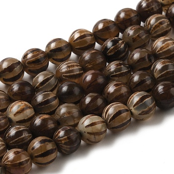 Tibetan Style dZi Beads Strands, Natural Agate Beads Strands, Dyed & Heated, Round with Striped Pattern, Camel, 8mm, Hole: 1mm, about 47pcs/strand, 14.76~14.96 inch(37.5~38cm)