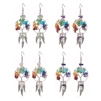 Natural & Synthetic Mixed Gemstone Chips Tree of Life with Alloy Feather Chandelier Earrings, 304 Stainless Steel Jewelry for Women, 82mm, Pin: 0.6mm