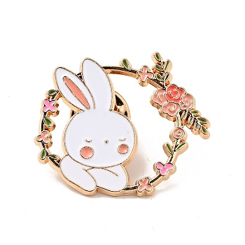 Rabbit Theme Enamel Brooch, Light Gold Alloy Badge for 2023 Year Chinese Style Gift, Flower Pattern, 29.2x32.7x1.7mm